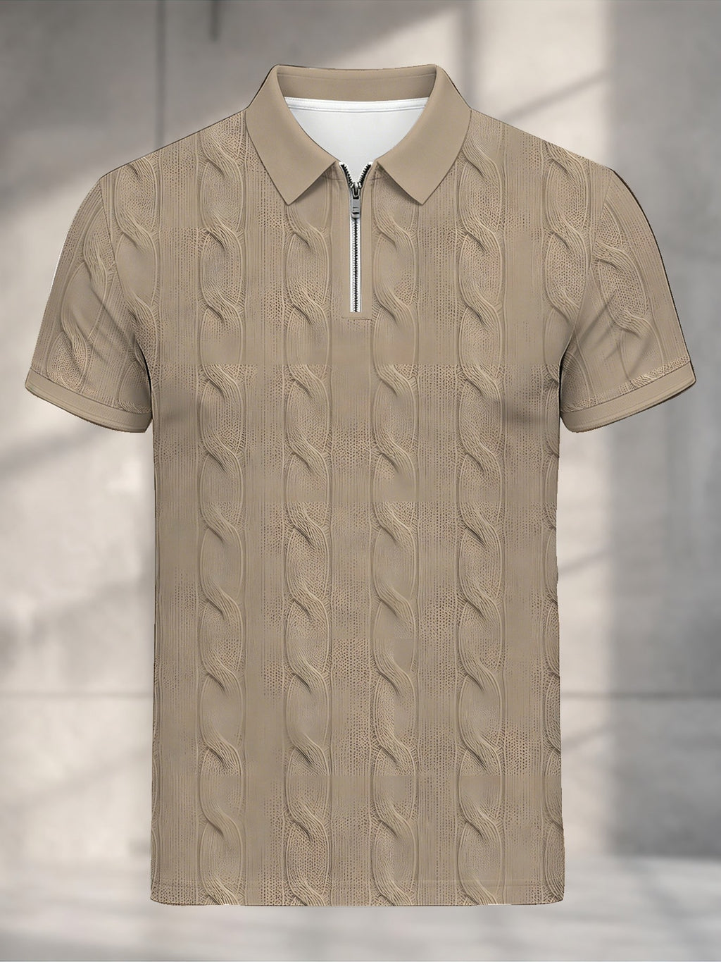 [Printed Design - Not Textured] Men's Short Sleeve Zip Polo Shirt, Khaki Cable Knit Inspired Print, Digital Print, Zip Placket, Polo Collar, Polyester, Casual, Daily Commuting, Summer - Mixed colors