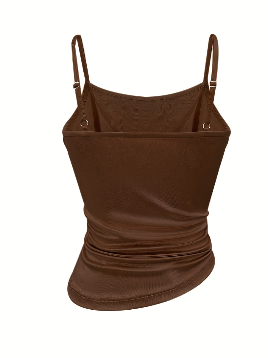 [Development WY260120078] Women's Satin Irregular Hem Side Gathers Daily Fashion Commuting Vacation Camisole Top - Coffee Color