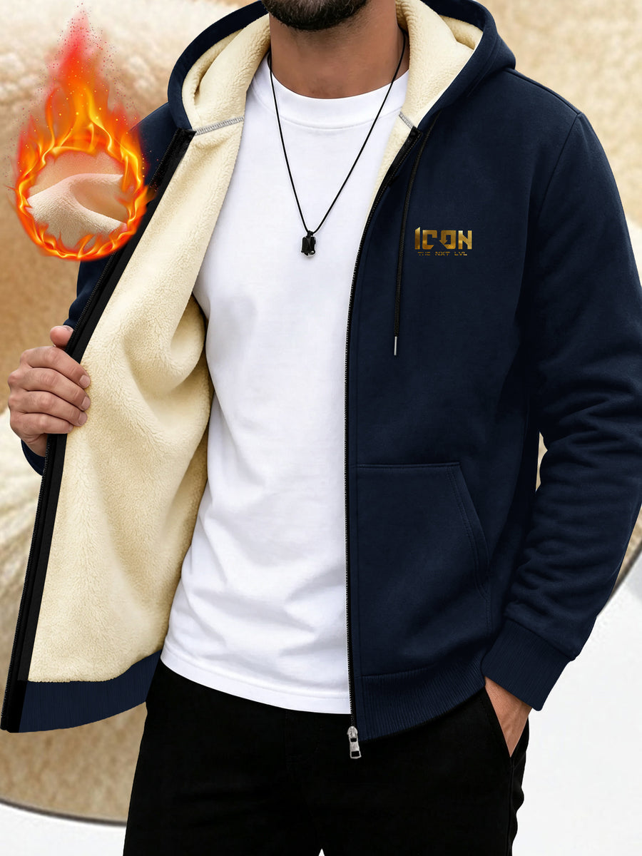 ICON Pattern Print, Men's Thickened -lined Zip-up Hooded Jacket, Versatile Warm -lined Outerwear for Daily Home and Outing Wear - Navy Color