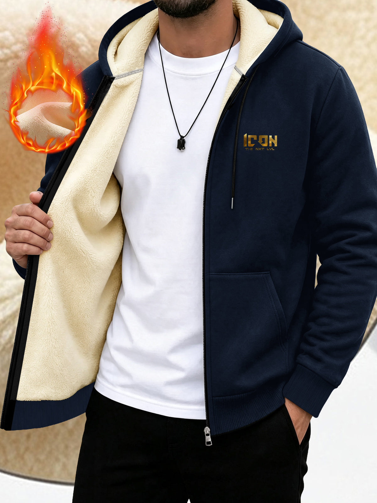 ICON Pattern Print, Men's Thickened -lined Zip-up Hooded Jacket, Versatile Warm -lined Outerwear for Daily Home and Outing Wear - Navy Color