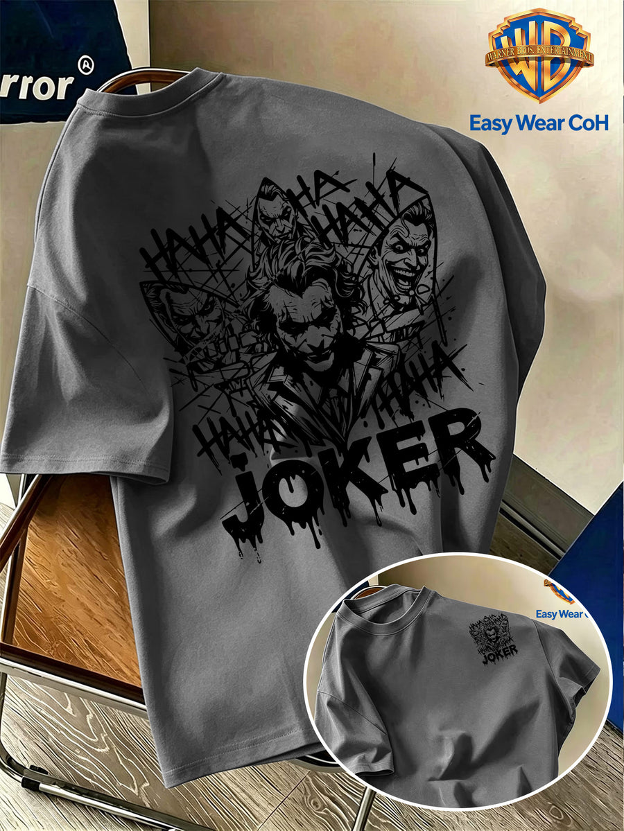 Warner Bros. Official New Academic Style Men's Short-Sleeve T-Shirt, Unique Print to Avoid Duplication - Black and White Graffiti JOKER Clown Sketch Hand-Drawn Line Art Creative Pattern Print, Dark Personality, Comfortable - Dark Gray