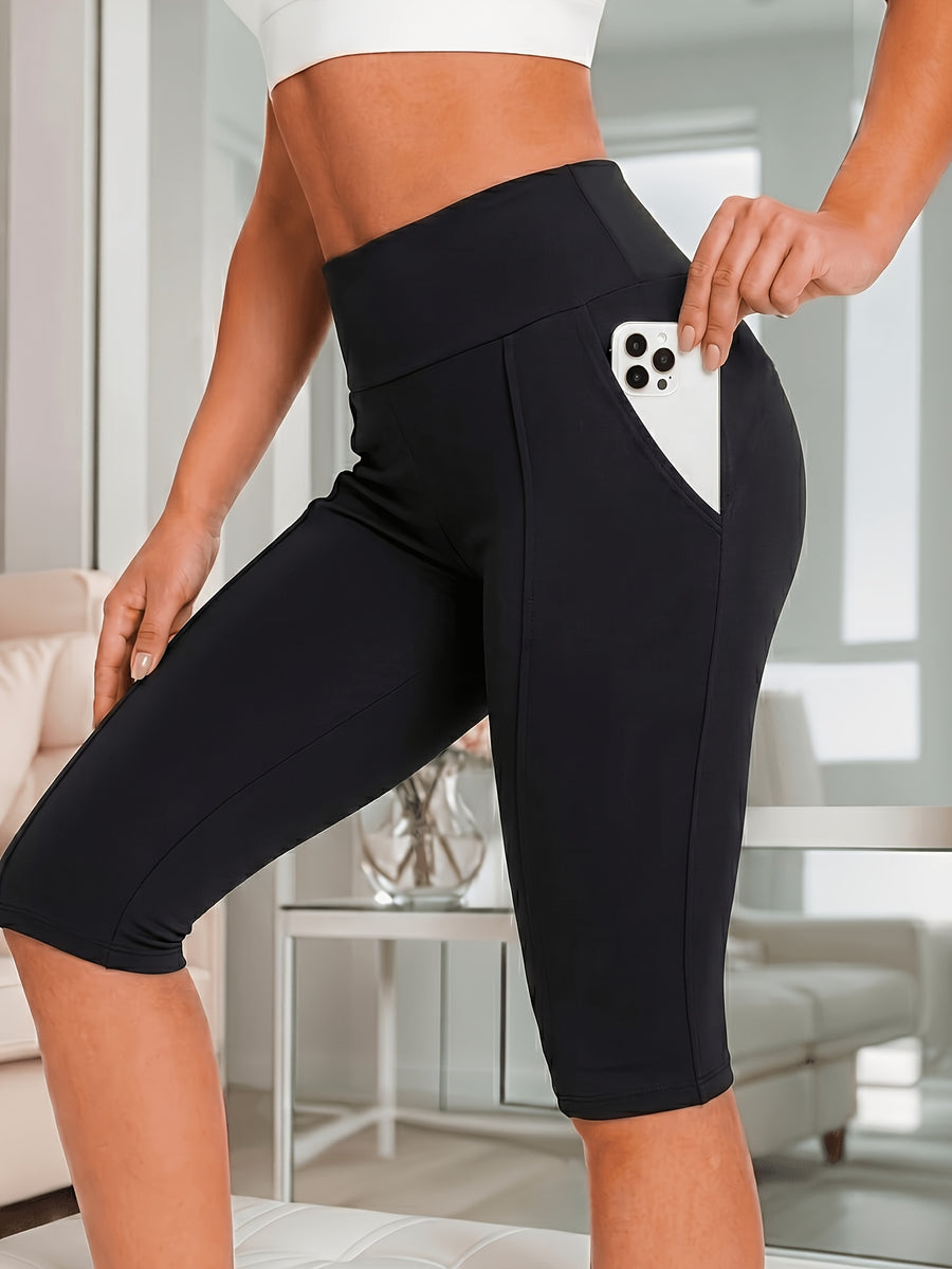 An Elegant High-waist Butt-lifting Cropped Pants, High-stretch Banded Pocket Tight-fitting Fitness Pants, Stretchy and Loungewear Pants for Women - Black