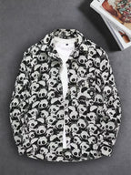 Men'S American Retro All-Over Floral Woven Teddy Bear Shirt Jacket, Men'S Autumn Premium Trendy Brand Bad Boy Influencer Casual Shirt - Black And White Panda