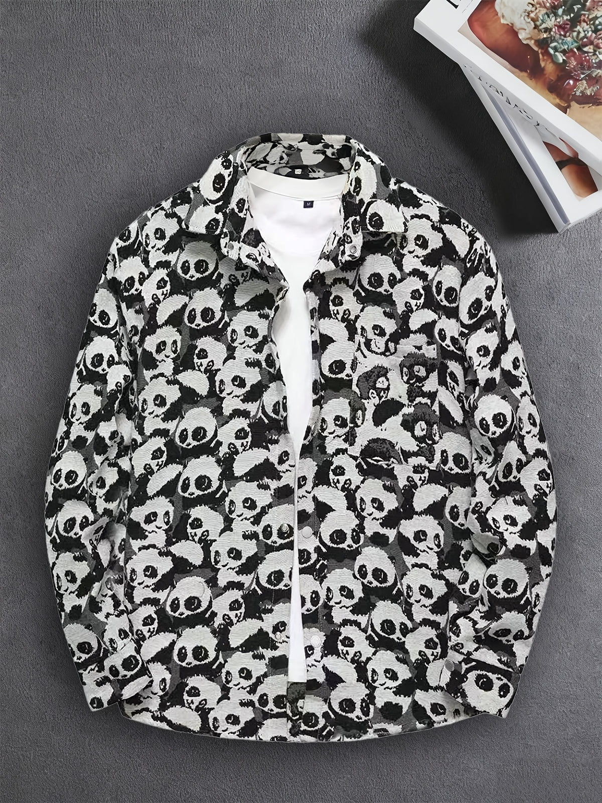 Men'S American Retro All-Over Floral Woven Teddy Bear Shirt Jacket, Men'S Autumn Premium Trendy Brand Bad Boy Influencer Casual Shirt - Black And White Panda