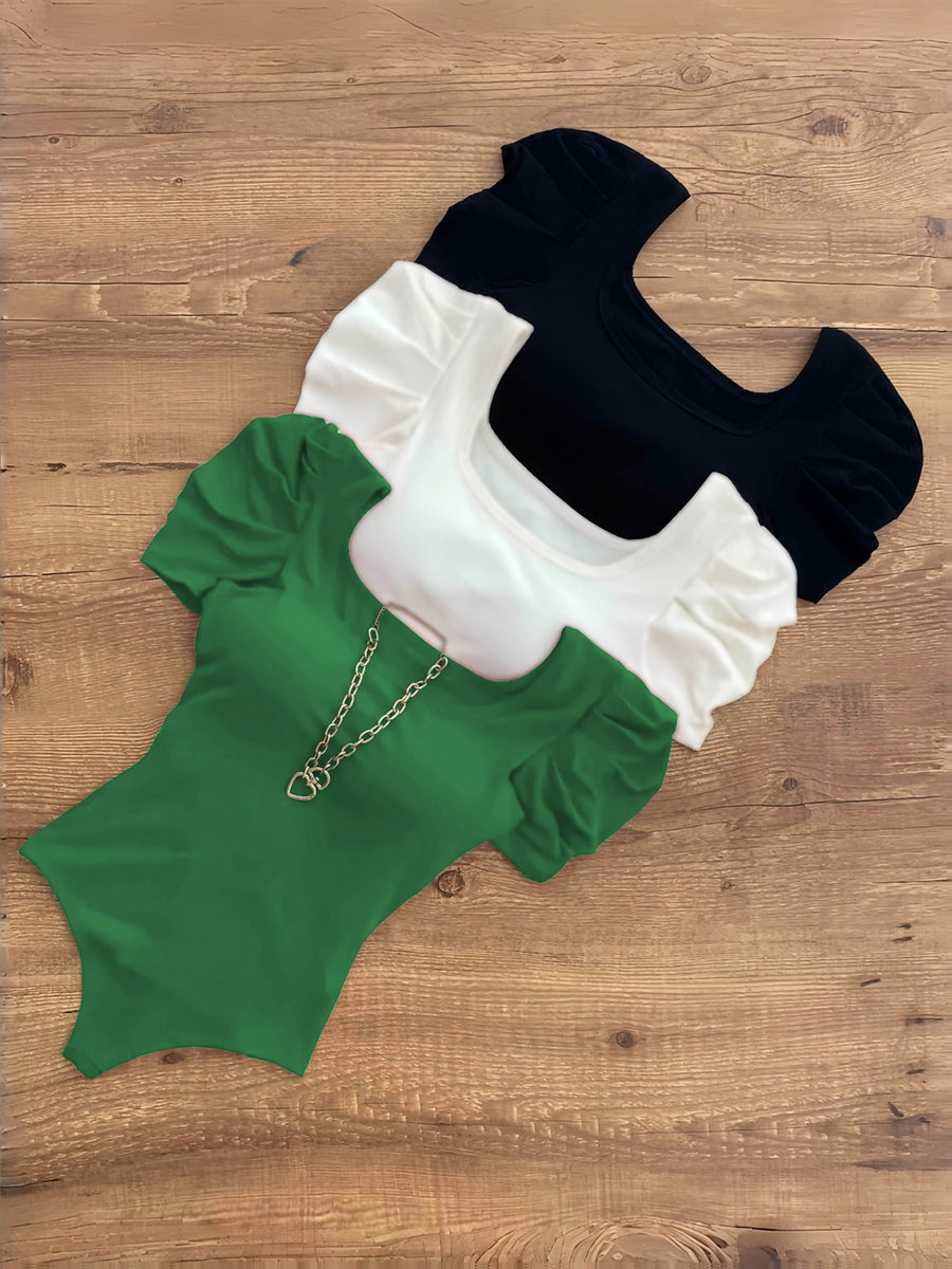 3-Pack Elegant Square Neck High-Elasticity Short Sleeve Tops for Women | Spring/Fall, Solid Color, Regular Fit - Black+white+green