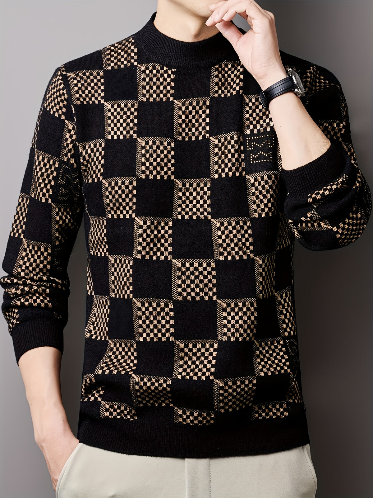 Men'S Sweater Pullover, Autumn Winter New Thick Warm Knit Top, Sequined Plaid Color-Block Men'S Shirt, Men'S Clothing 24709 - Beige Color