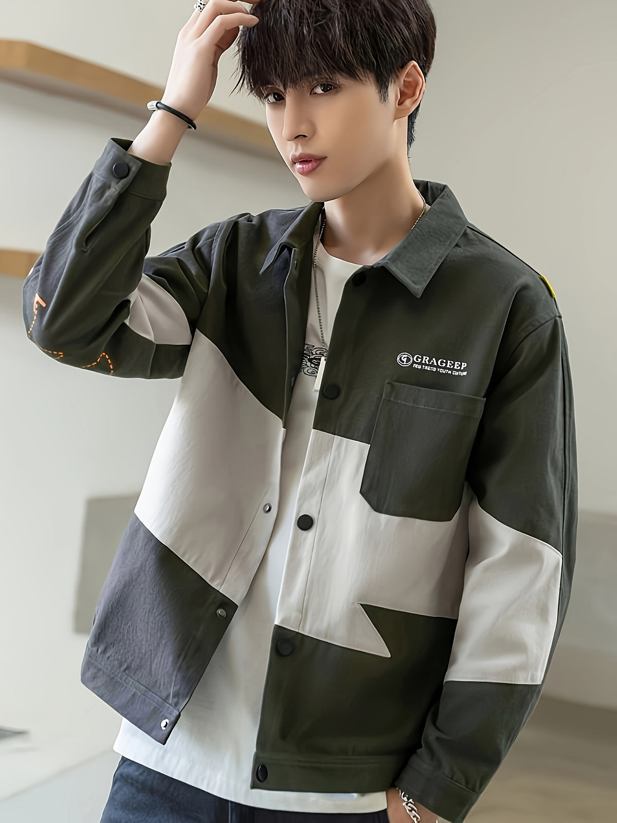 Patchwork Jacket Men'S Trendy Cool Loose Men'S Autumn Top Coat Jacket Spring Autumn Style All-Match - Dark Green
