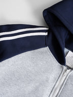 Men's Striped Shoulder Zip-Up Sweatshirt, Trendy Fearless Cursive Script Pattern + BROOKLYN Vintage Letter Double-Logo Print, Raglan Long Sleeve Cardigan Top - Light Twist Gray