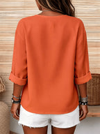 Solid Color Shirt, Round Neck with Buttons, Loose Fit, Suitable for Daily Wear, Spring/Summer Women's Shirt - Orange