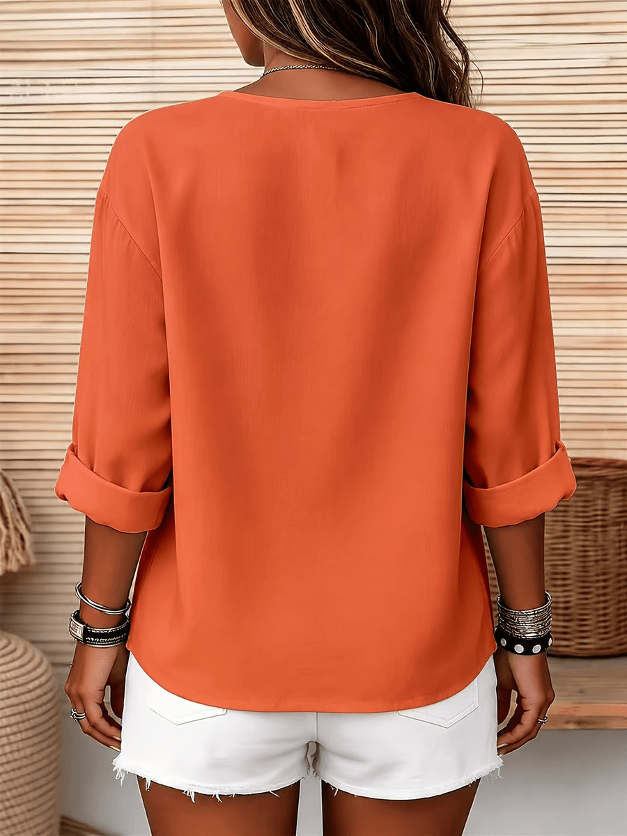 Solid Color Shirt, Round Neck with Buttons, Loose Fit, Suitable for Daily Wear, Spring/Summer Women's Shirt - Orange
