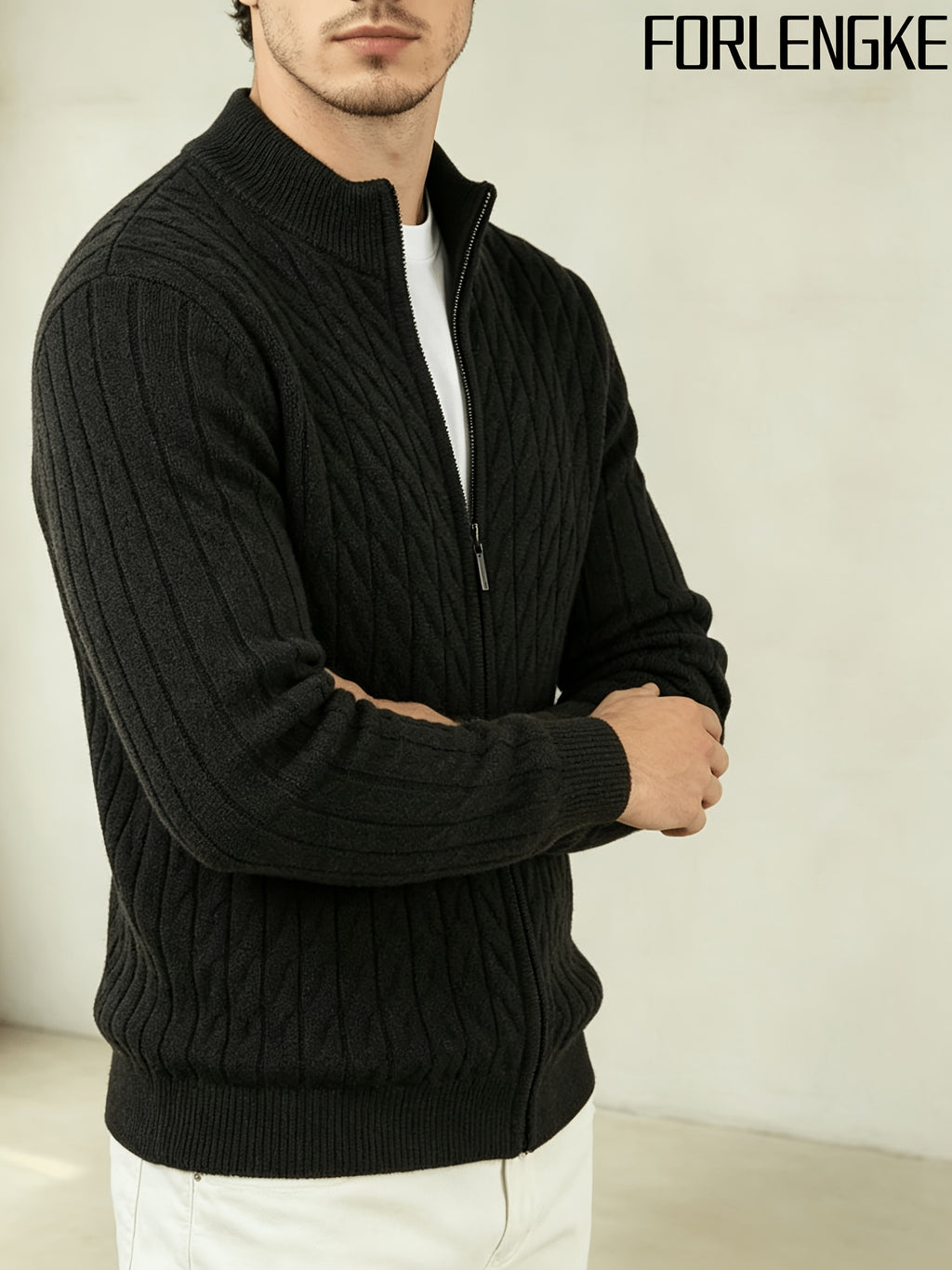 FORLENGKE New Stylish Men's Business Casual Stand Collar Cable Knit Zip Up Cardigan, Soft Warm Long Sleeve Knit Jacket for Fall Winter Office Daily Wear - Black