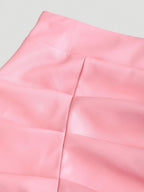 Elegant Vintage High-Waisted Pleated Brazilian PU Side Slit Flared A-Line Mini Skirt for Women, Y2K Clothing - Pink