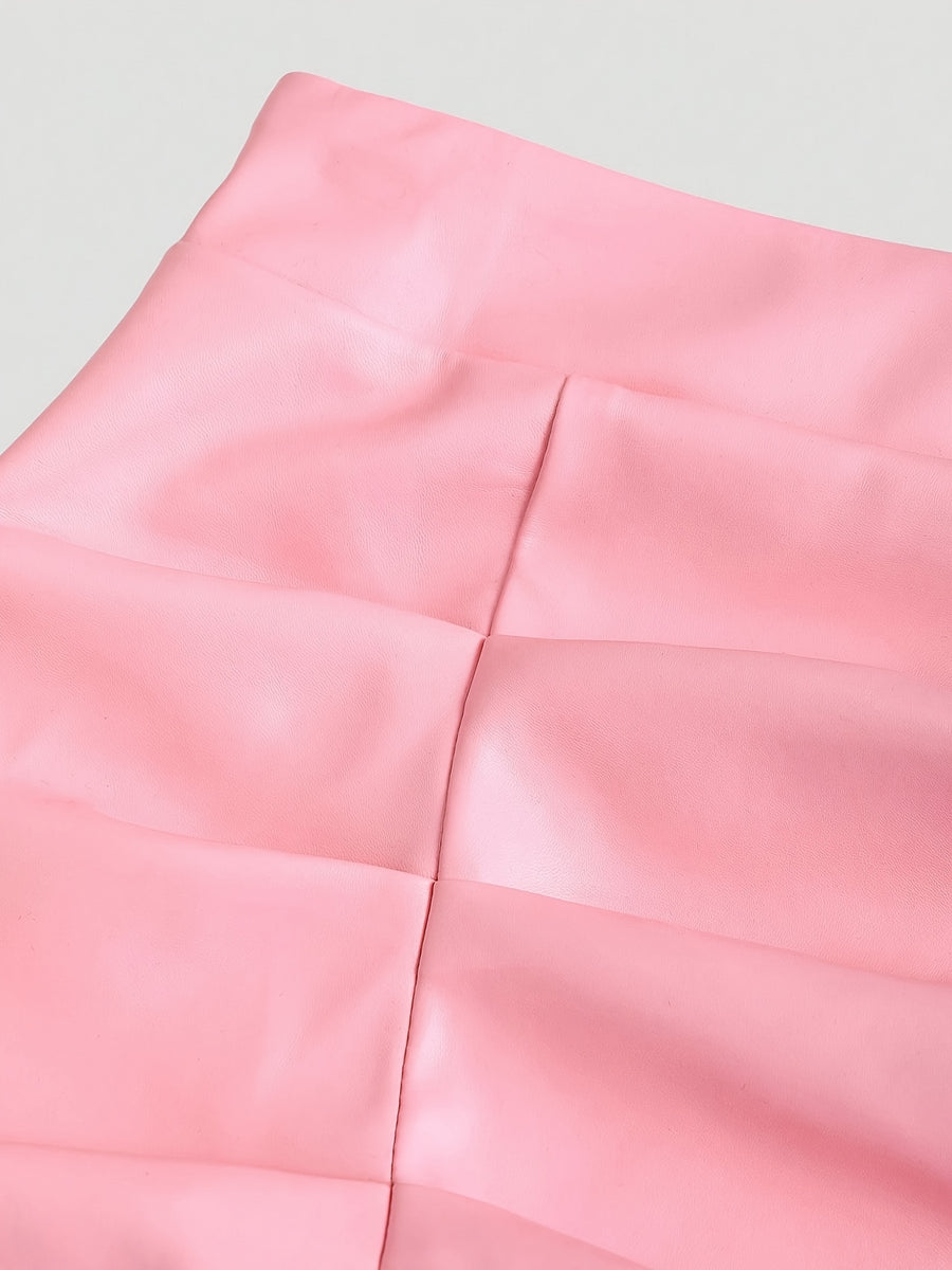 Elegant Vintage High-Waisted Pleated Brazilian PU Side Slit Flared A-Line Mini Skirt for Women, Y2K Clothing - Pink