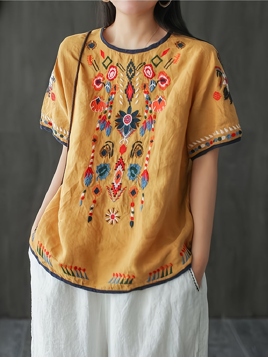 New Ethnic Style and Embroidered T-shirt for Women in Summer, Retro and Artistic, Loose and Oversized, and Versatile Short Sleeved Top The Chest, Cuffs, and Hem Are All Covered in Embroidered Patterns with Bohemian/ethnic Style - Yellow