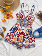Women's Colorful Tropical Print Sleeveless Jumpsuit with One-shoulder Design and Metallic Embellishments, Suitable for Brunch, Summer, Mother's Day, Graduation Ceremonies, Church Events, Beach Outings, Music Festivals, Airport Travel, Afternoon Tea - Multicolor