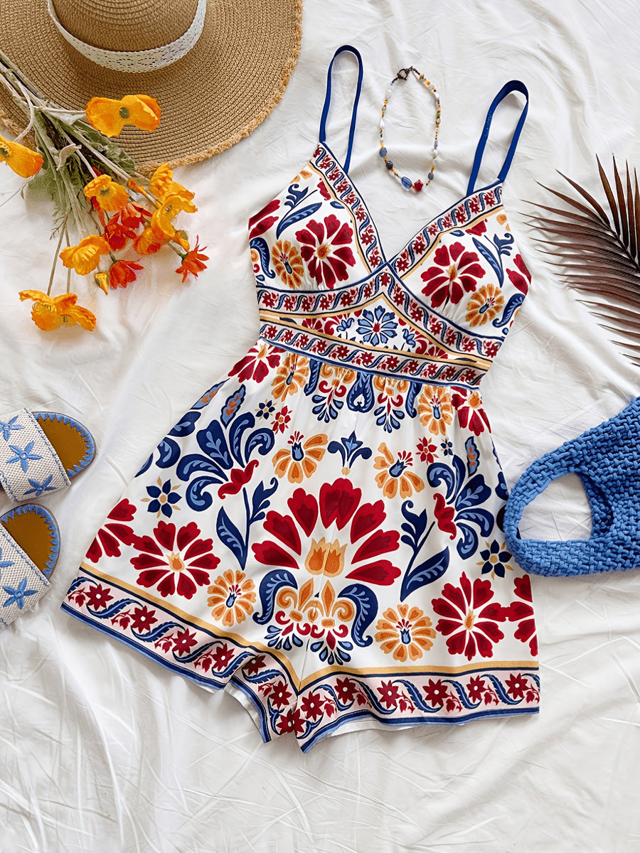 Women's Colorful Tropical Print Sleeveless Jumpsuit with One-shoulder Design and Metallic Embellishments, Suitable for Brunch, Summer, Mother's Day, Graduation Ceremonies, Church Events, Beach Outings, Music Festivals, Airport Travel, Afternoon Tea - Multicolor
