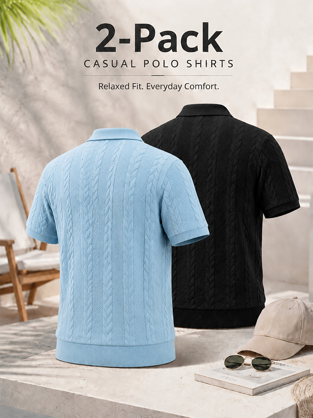 2pcs Men's Summer Jacquard Ribbed Lapel Loose Fit T-Shirt Golf Casual Business Versatile Knit Short Sleeve Polo Shirt - Sky Blue+Black