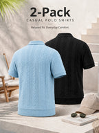 2pcs Men's Summer Jacquard Ribbed Lapel Loose Fit T-Shirt Golf Casual Business Versatile Knit Short Sleeve Polo Shirt - Sky Blue+Black