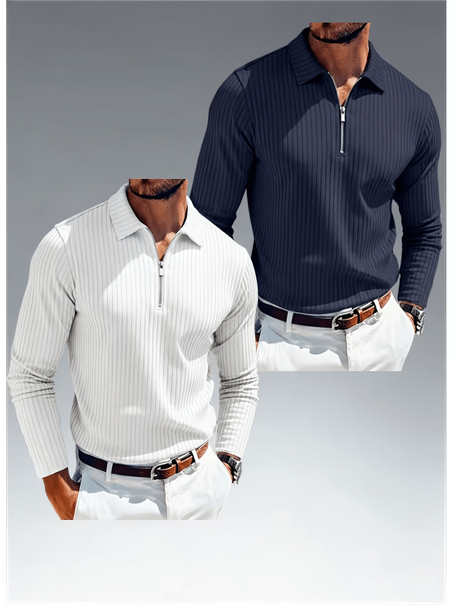 Spring/Autumn Men's Polo Shirt with Zipper and Striped Pattern, Long Sleeve, 2pcs - White + Navy Blue