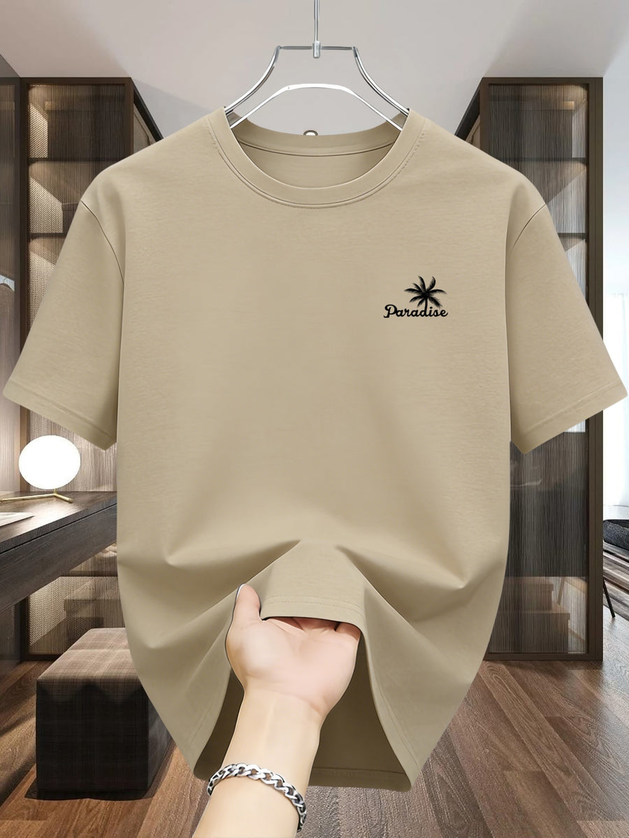 Men'S T-Shirt Short Sleeve, Coconut Letter Print, Easy Casual Style, Summer Vacation Daily Wear, Comfortable And Breathable Top - Khaki
