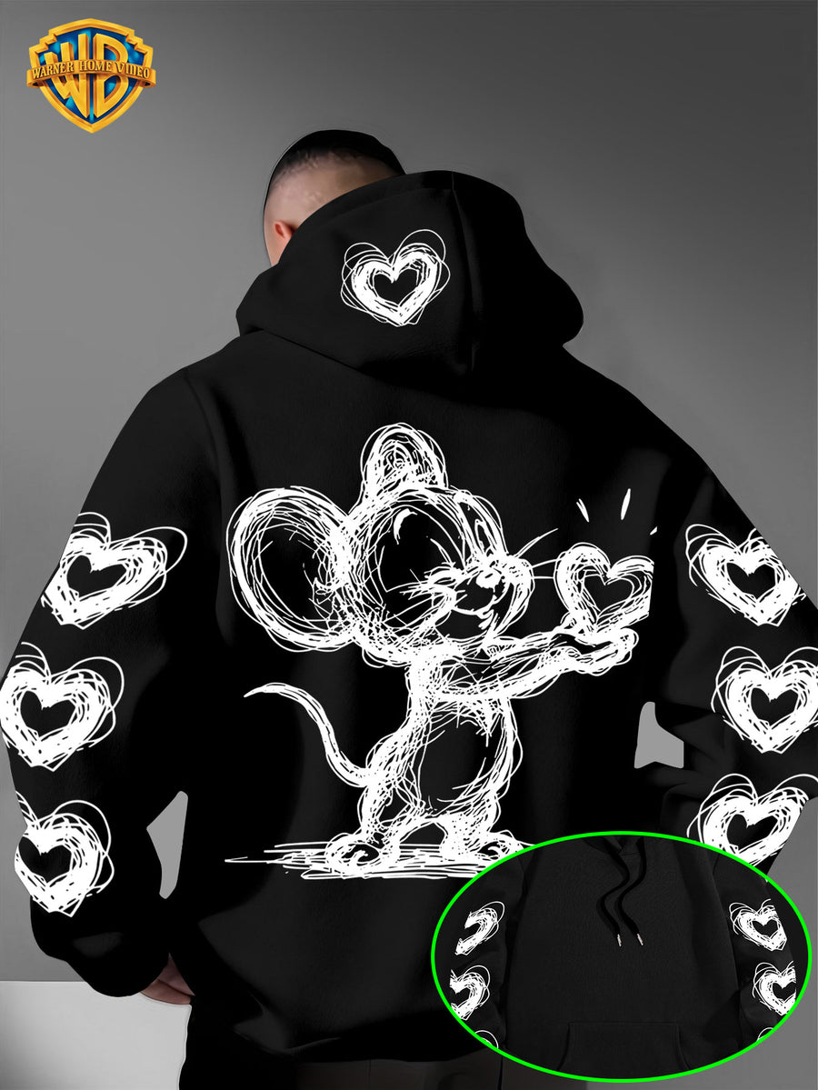 Warner Bros. Officially Licensed Men's Hoodie, Featuring Retro-style Cartoon Character Heart-shaped Pattern Design, Hand-drawn Sketch Art Print, Suitable for Casual Streetwear, Ideal for Daily Wear, for Travel or Weekend Outings - Black