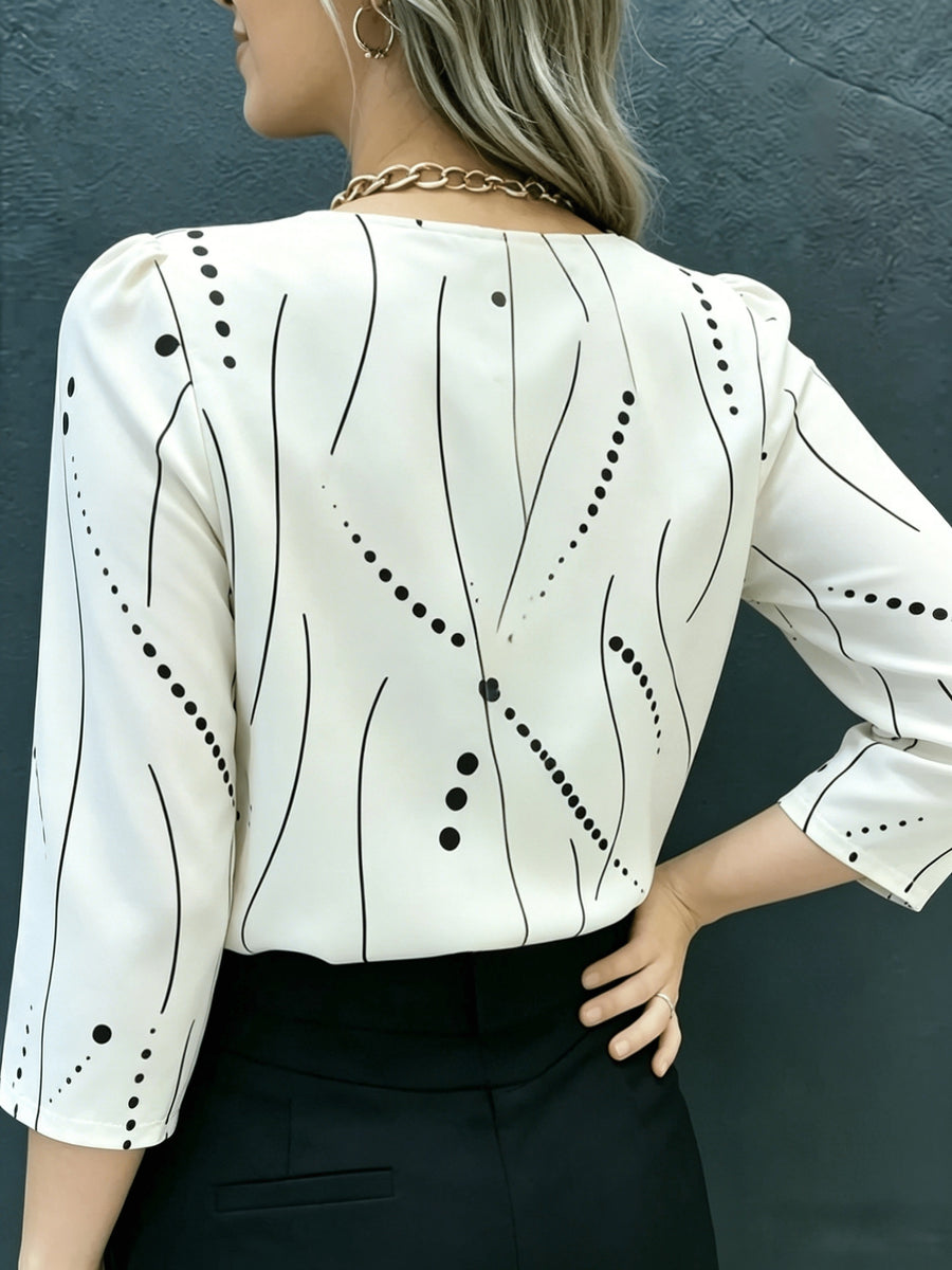 Elegant Commuter Shirt for Women, Polka Dot and Line Print Three-Quarter Sleeve Top - White