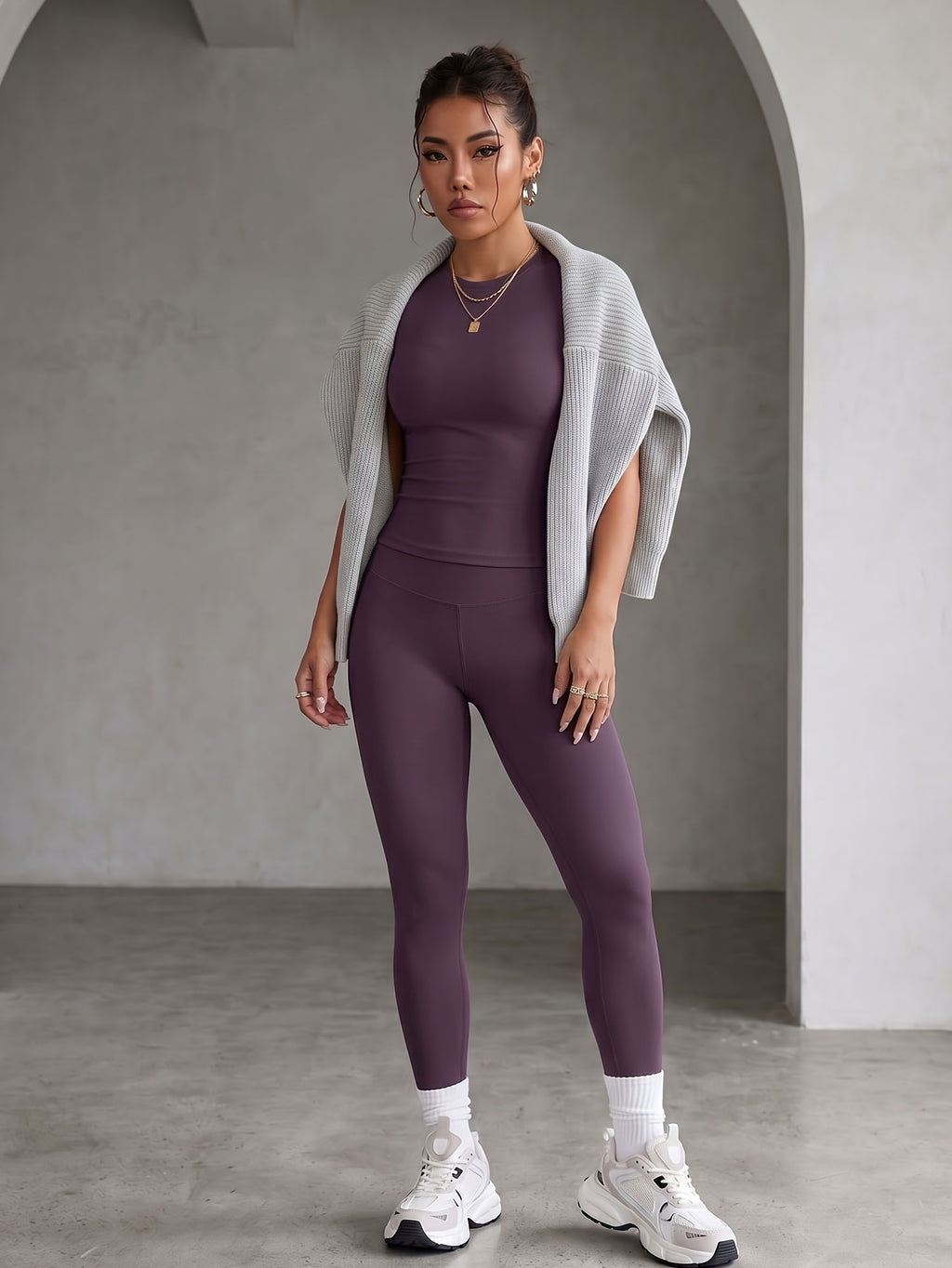 Round Neck Short Sleeve High-Waist Butt-Lifting Pants Set, Stretchy Nude-Feel Skin-Friendly 2pcs Set, Quick-Drying Breathable Wear, Tummy Control Peach Butt Training Outfit, Versatile Wearable Outer Casual Swear. 4-Way Stretch with Zero Restriction - Deep Purple