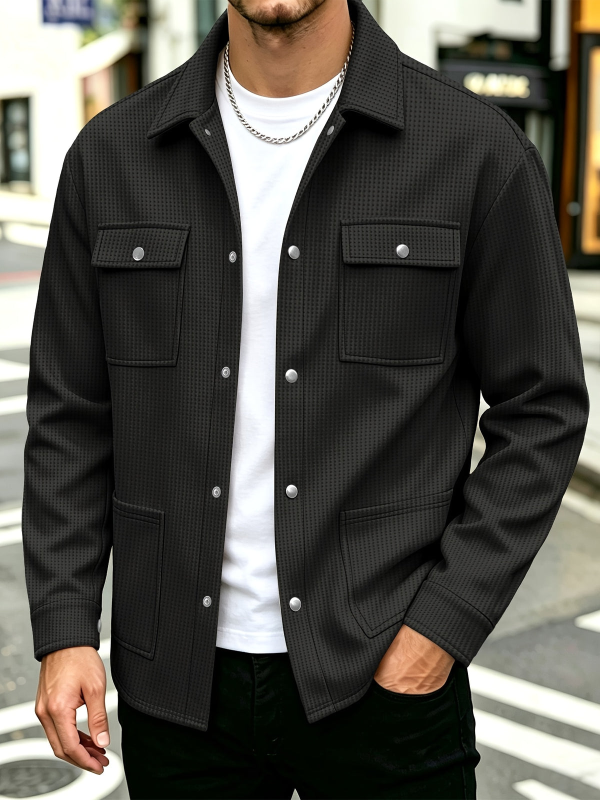 Men'S Waffle-Weave Cargo Jacket, Lapel Button-Up Multi-Pocket Cardigan, Spring Autumn Loose Casual Shirt Coat - Black