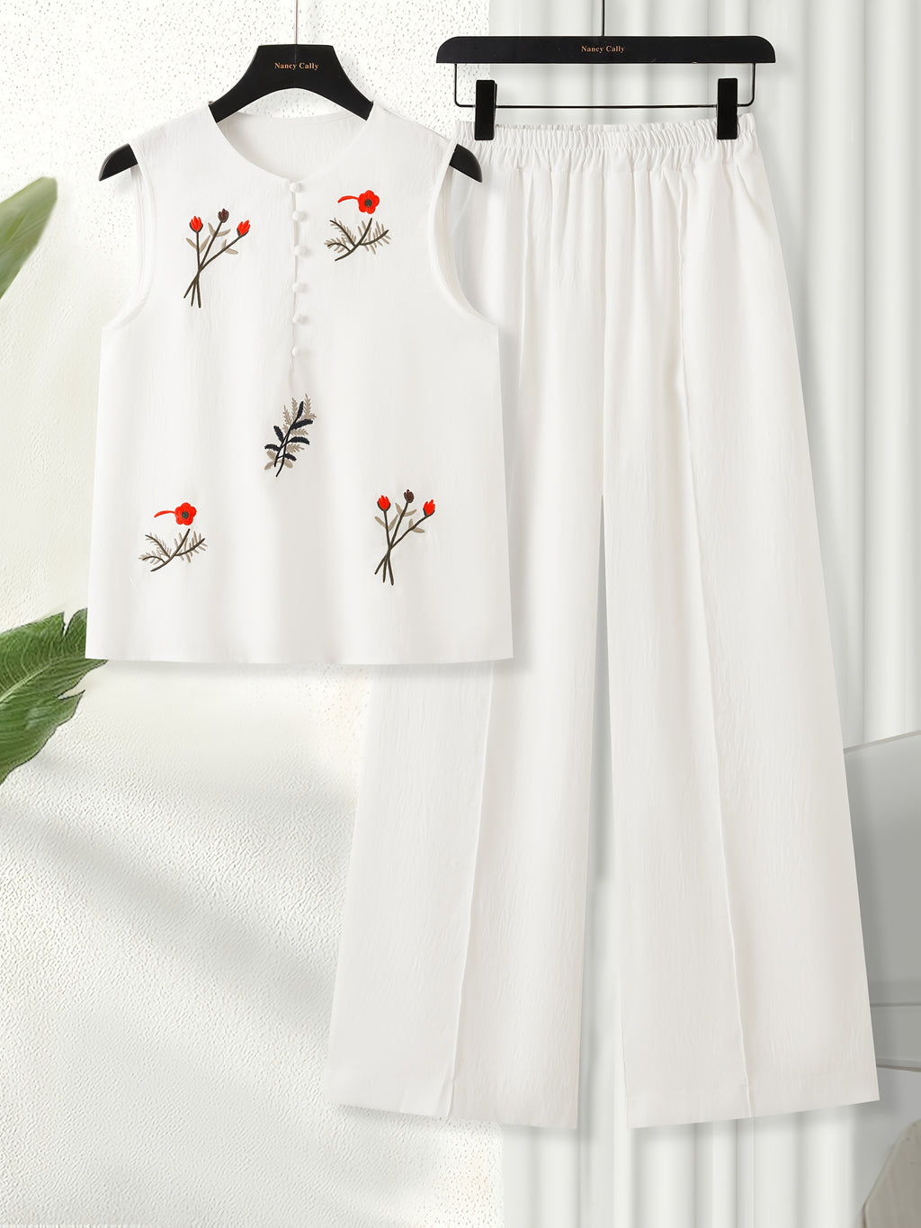 Chinese Style Embroidered Women's Set, Breathable Vest and Pants Outfit - Two-Piece Casual Elegant Ensemble - White