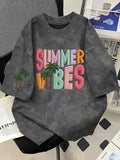 Summer Trend 2026 Women's New Letter Print Tie-Dye Short Sleeve T-Shirt, Women's Summer Lazy Style Loose BF Fit Casual Unisex Fashion Versatile Top - Deep Grey