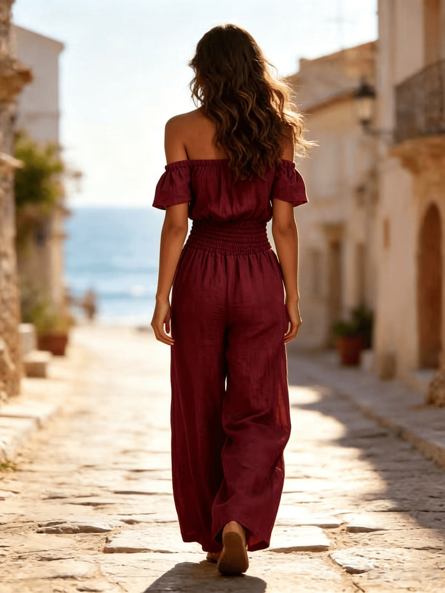 Vintage Off-the-Shoulder Sexy Sleeveless Drawstring Waist Wide-Leg Jumpsuit - Red