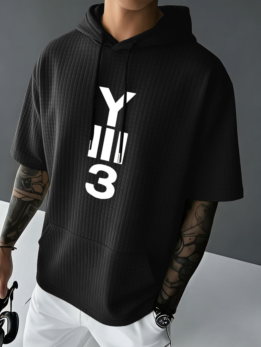 Y3 Men's Waffle Knit Short Sleeve Hooded Sweatshirt with Comfortable Print and Drawstring, Short Sleeve T-Shirt with Pocket, Summer Casual Fashion Men's Apparel, Suitable for Outings and Home Wear, Suitable for Daily and Formal Wear, Simple Summer - Black