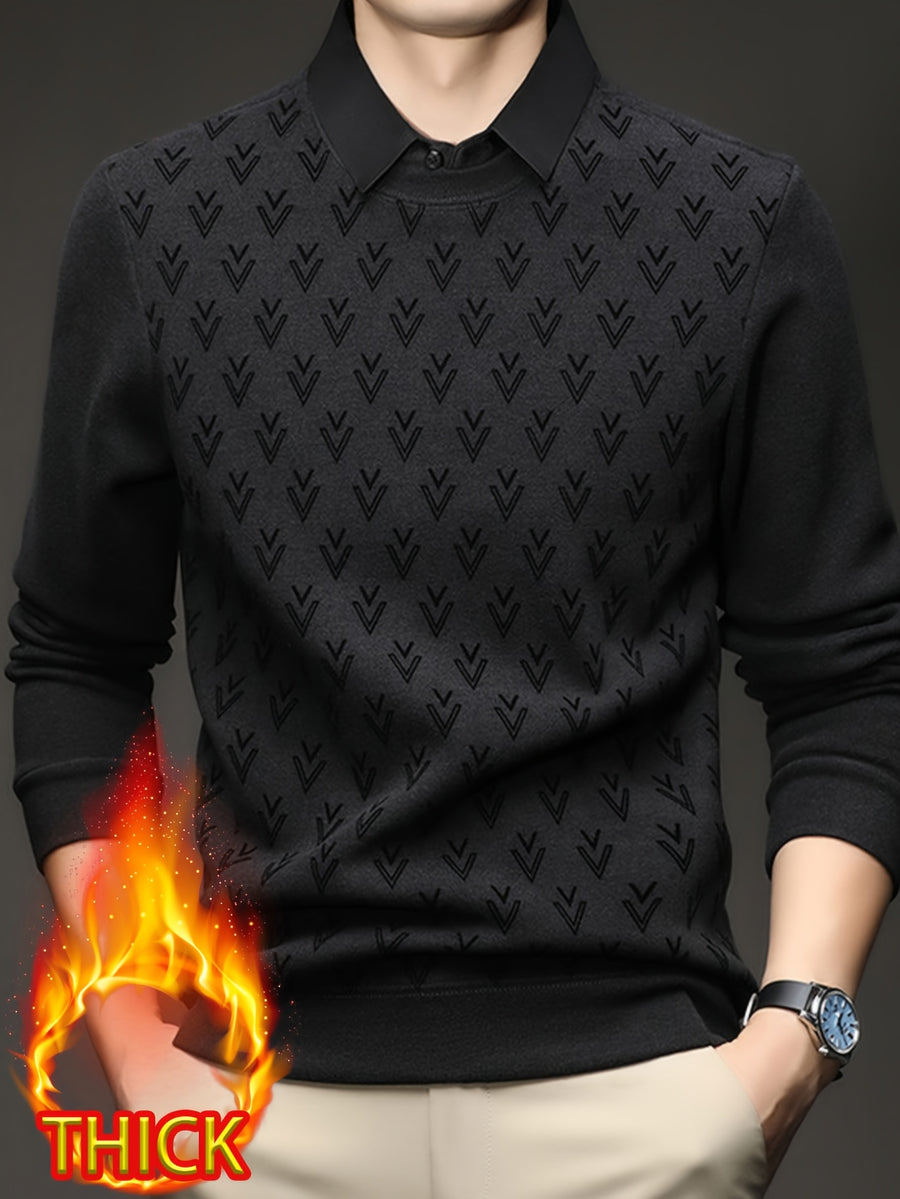 Thickened Men'S Shirt Collar Fake Two-Piece Sweater, Shirt Collar Fake Two-Piece Pullover, Long Sleeve, Ribbed Cuffs And Hem, Fall/Winter Outerwear And Inner Wear - SINBOS, Knit - Black Gray
