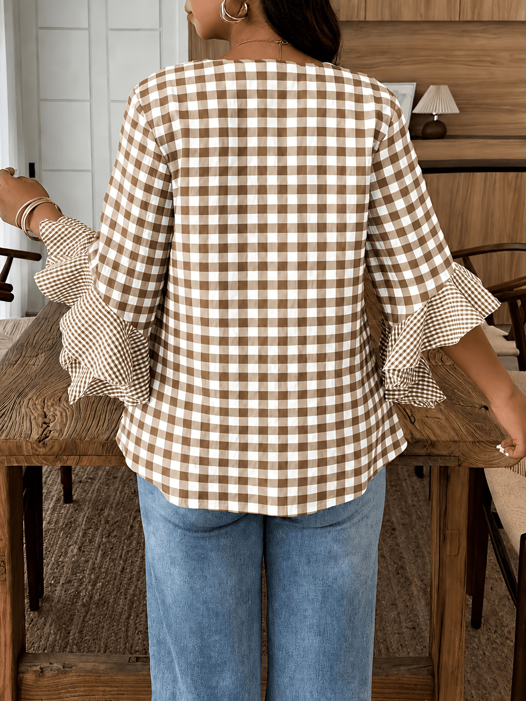 Women's Colorful Plaid Flared Sleeve Shirt for Spring, Summer, and Autumn, Casual Checkered Patchwork Shirt with Large and Small Plaid Patterns, Plaid Shirt for Vacation, Leisure, and Work Commutes - Khaki