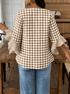 Women's Colorful Plaid Flared Sleeve Shirt for Spring, Summer, and Autumn, Casual Checkered Patchwork Shirt with Large and Small Plaid Patterns, Plaid Shirt for Vacation, Leisure, and Work Commutes - Khaki