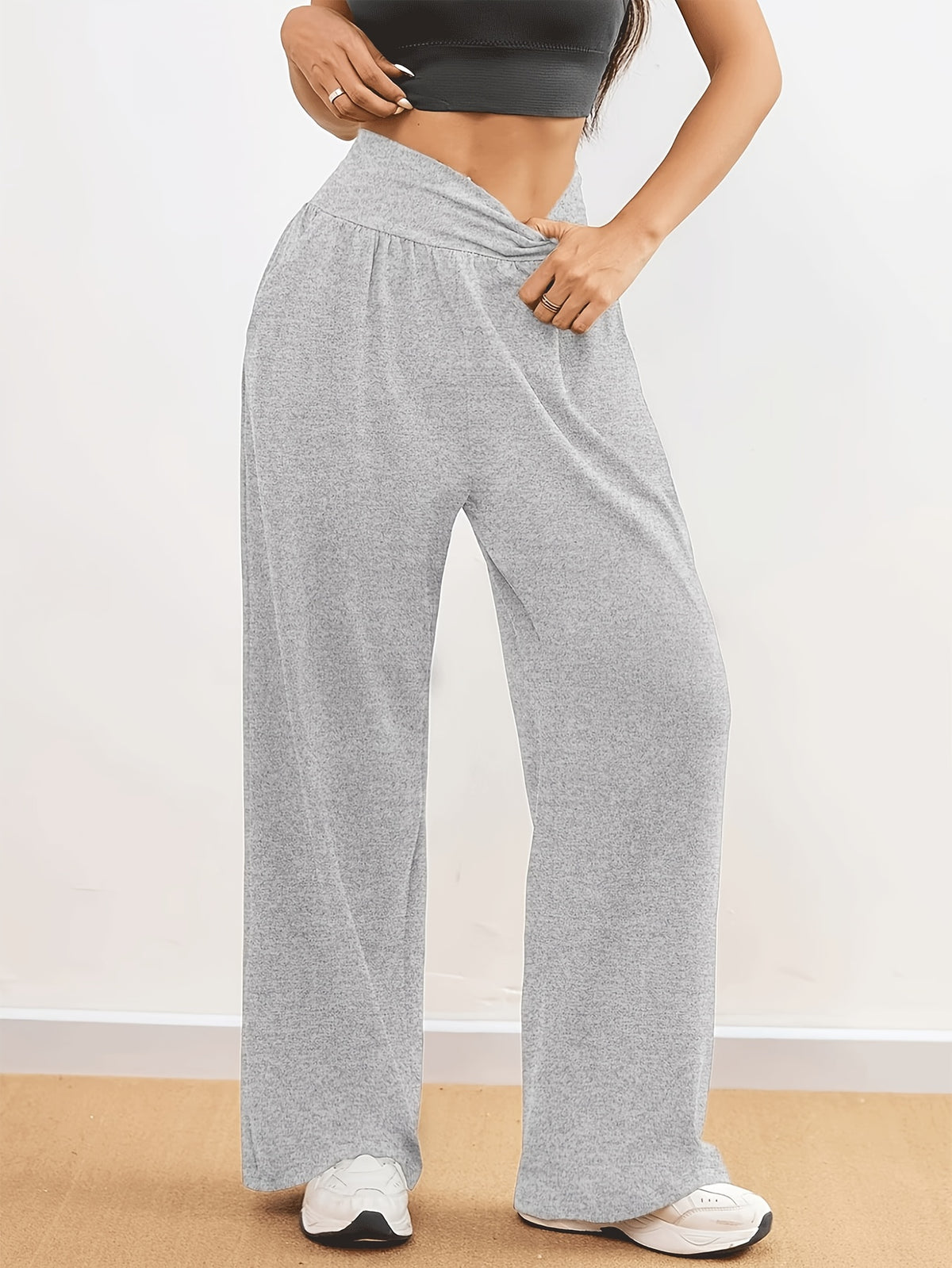 5801 Women's High-Waist Stretchy Loose-Fit Straight-Leg Pants | Solid Color, with Pocket Details, Casual Style, Suitable for All Seasons and Weekend Outings - Light Grey