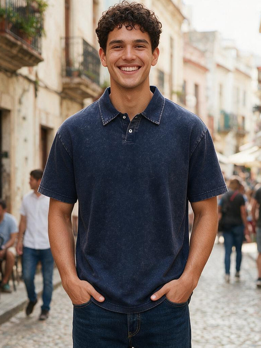 240G Heavyweight Combed Pure Men'S POLO Shirt Easy Retro Washed Loose Lapel Short Sleeve Skin-Friendly Temperament Autumn Summer Daily Commute Casual Top - Navy Color