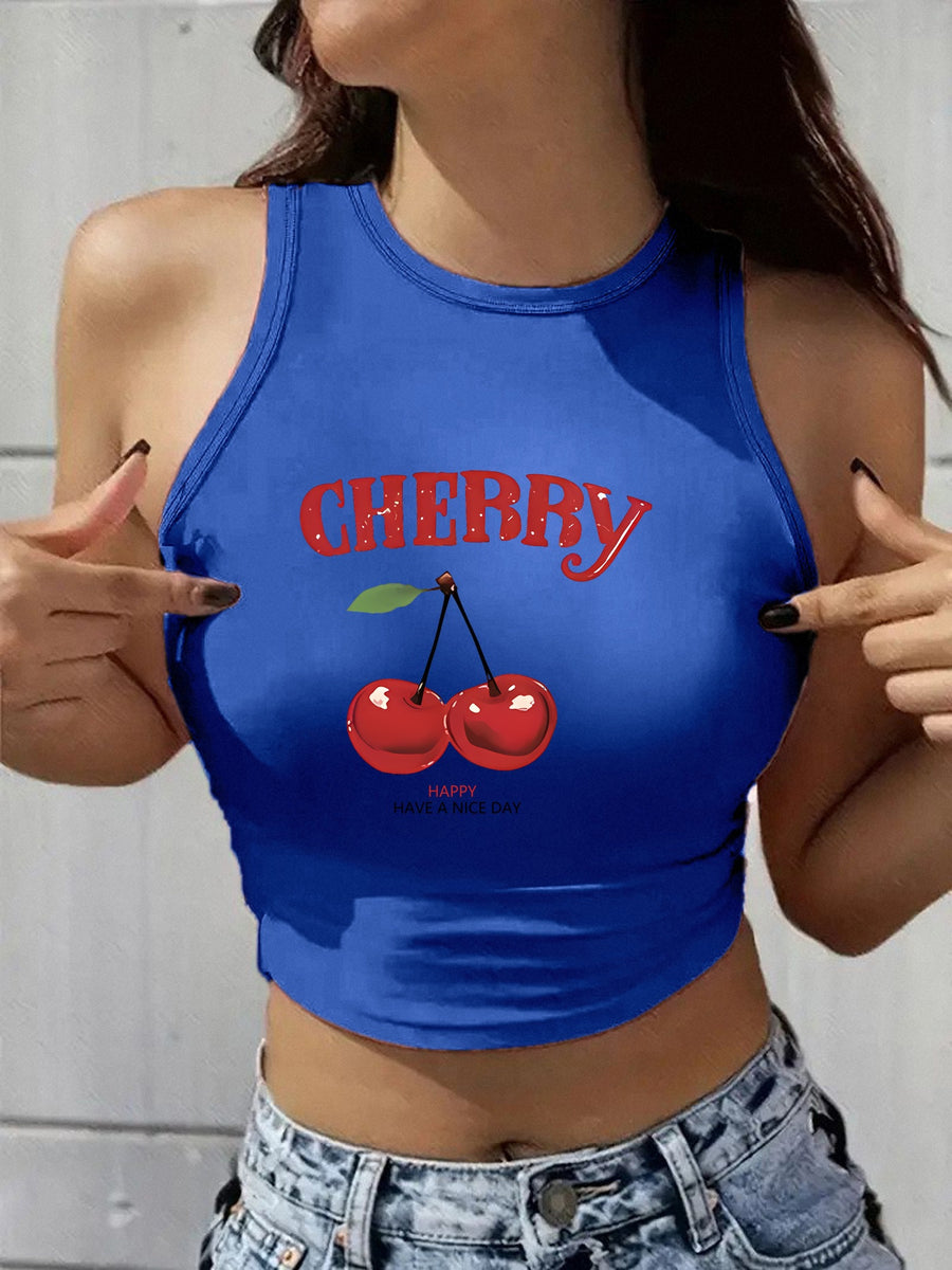 Women's Y2K Elegant Fashion Autumn/Summer Round Neck Tank Top, Cherry Print, Soft Fabric, Machine Washable Comfortable Knitwear, Trendy All-Season Street Style, Popular Loose-Fit Comfortable Multi-Color Option, Breathable Trendy Casual Top - Blue