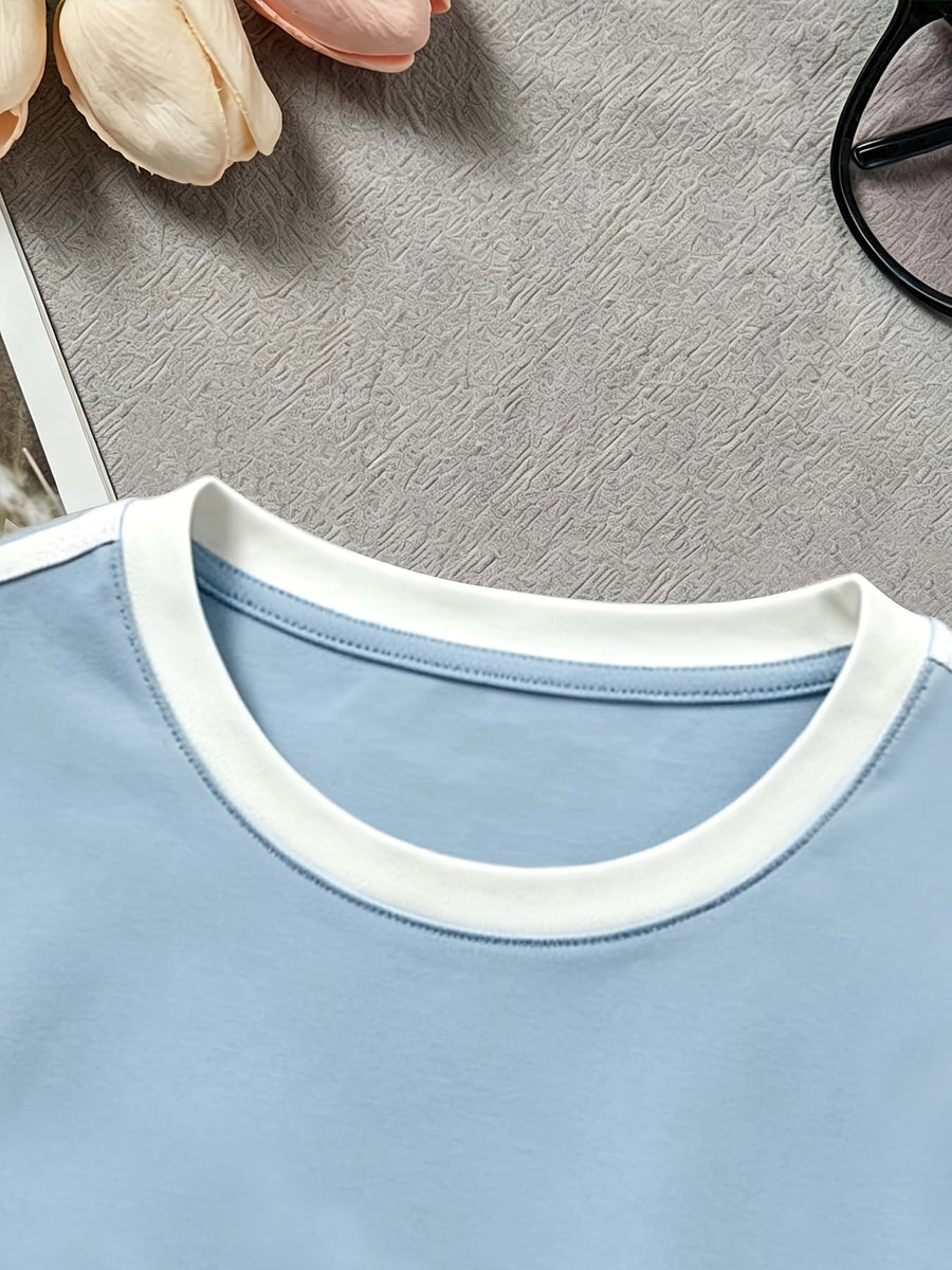 1pc New European American Women'S Contrast Trim Design Short Multicolor T-Shirt Slim Short Sleeve - Cartoon Fun Retro Individual Niche Y2K Dark Gothic Style Easy Creative Heart Spider Web Pattern Print Design Fashion Sweet Cool Trendy Street Hot Sty - Light Blue