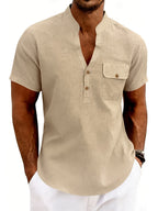 Men's Outdoor Travel Business Simple and Stylish Solid Color V-Neck Half-Open Placket Summer Breathable Comfortable Casual Short-Sleeve Henley Collar T-Shirt - Khaki