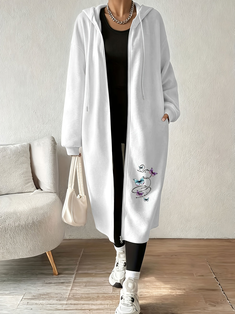 Women's Fashion Color-Block Zip-Up Jacket with Butterfly Pattern Print - White