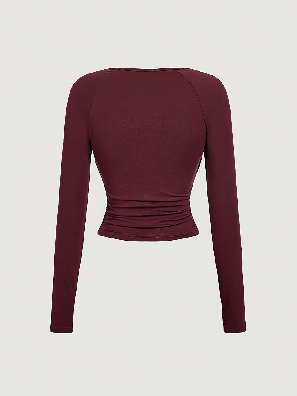 Ruffle Round Neck Slim Fit Long Sleeve T-Shirt, Burgundy, Halloween, Party, Outing, Western, Rural, Ruffled Top, Pleated Top, Long Sleeve Top, Red Top - Burgundy