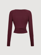 Ruffle Round Neck Slim Fit Long Sleeve T-Shirt, Burgundy, Halloween, Party, Outing, Western, Rural, Ruffled Top, Pleated Top, Long Sleeve Top, Red Top - Burgundy