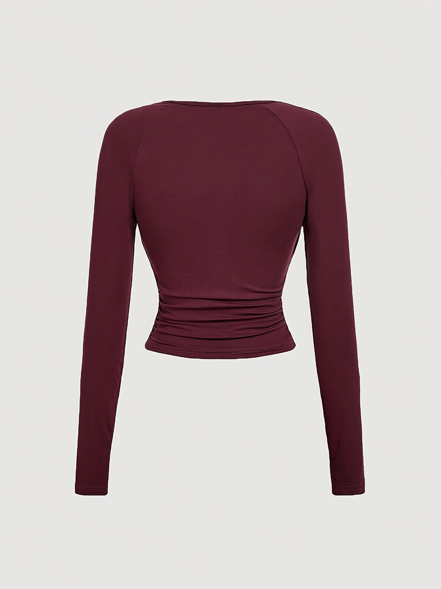 Ruffle Round Neck Slim Fit Long Sleeve T-Shirt, Burgundy, Halloween, Party, Outing, Western, Rural, Ruffled Top, Pleated Top, Long Sleeve Top, Red Top - Burgundy