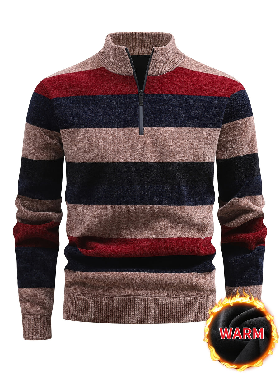 Men'S Autumn Winter Casual Versatile Pullover Sweater Contrast Fashion Fleece-Lined Top Quarter Zip Stand Collar Knit Sweater New Warm Commute Sweater Old Money Vacation Style Men'S Gift - Khaki