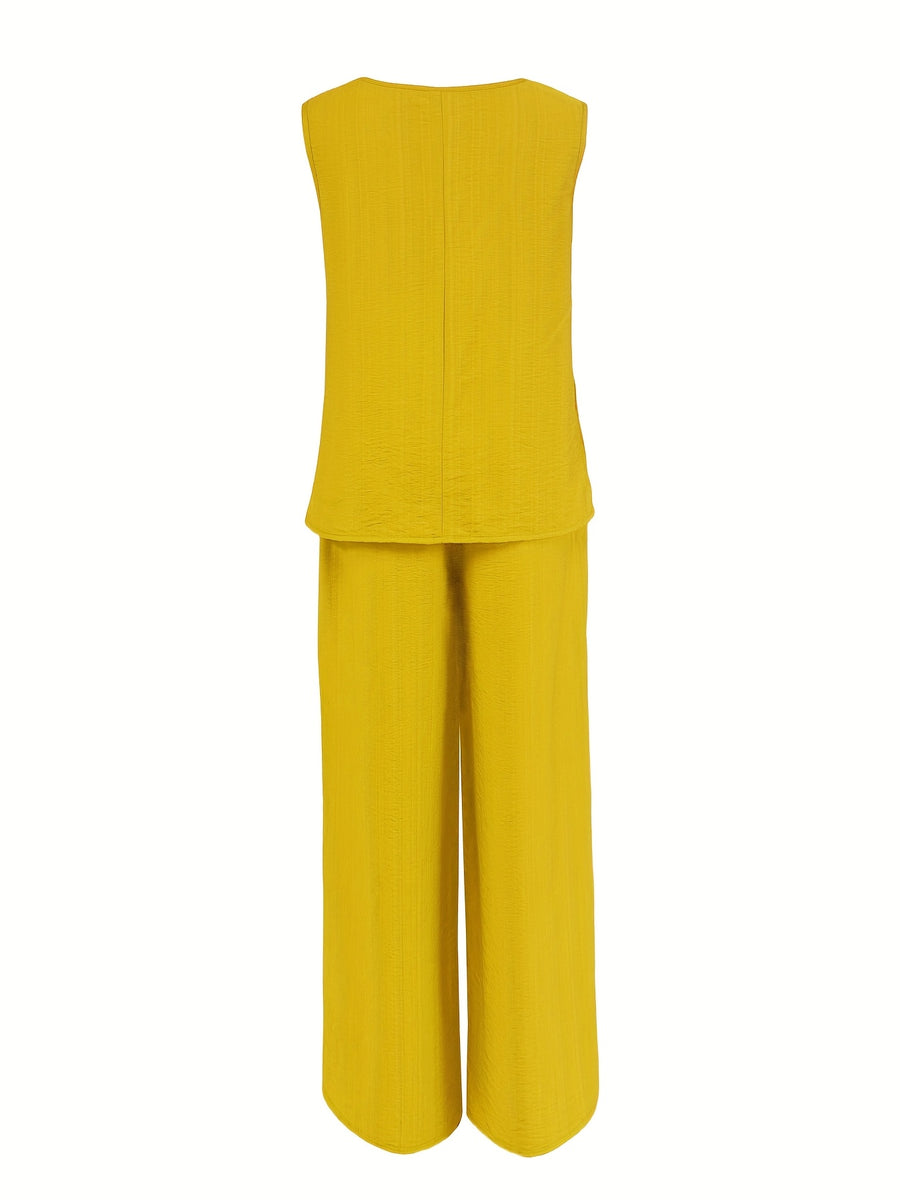Women's Casual 2pcs Set Solid Color Loose Sleeveless V-Neck Tank Top + Wide-Leg Pants - ginger-colored
