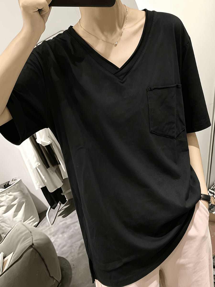 Slit T-Shirt Women'S Summer Loose Korean Rolled Edge Front Short Back Long Short-Sleeved V-Neck Top - Black