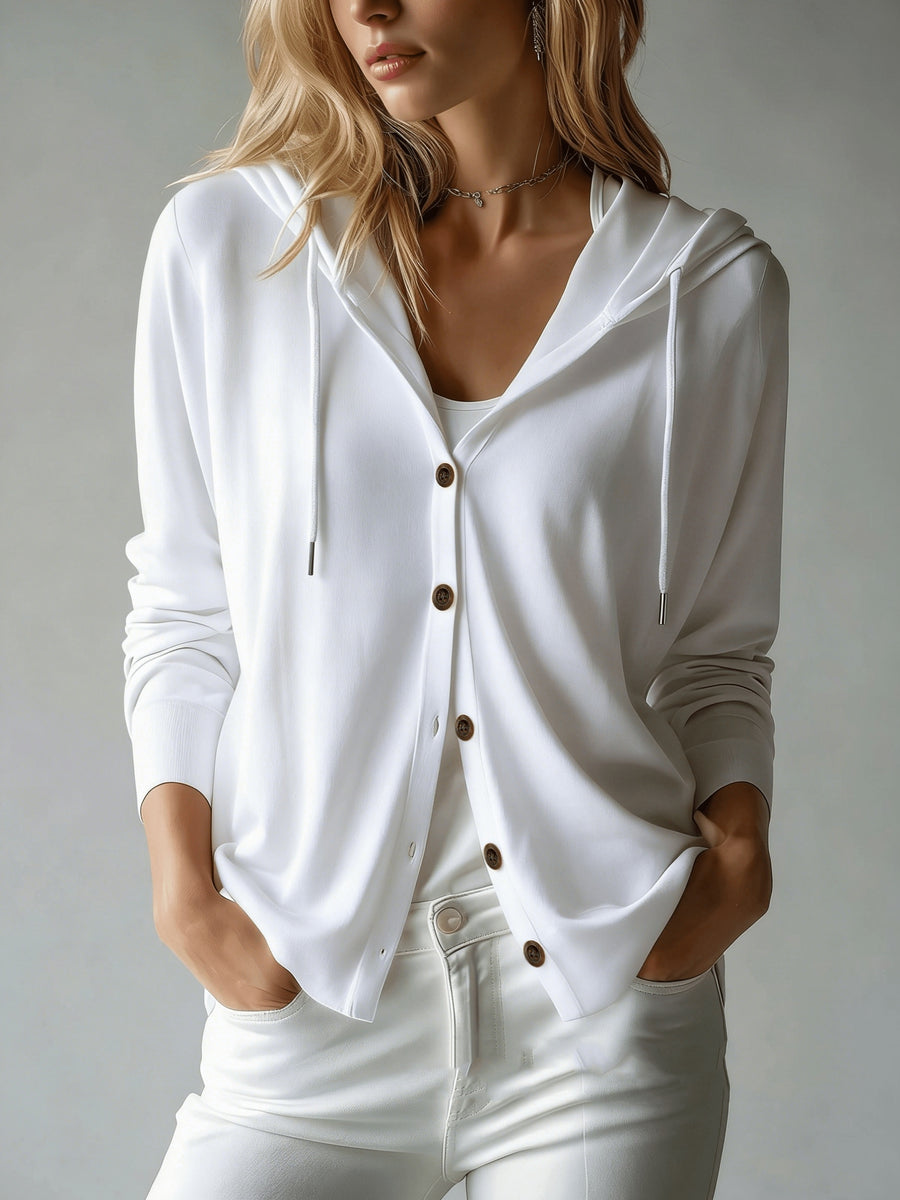 Women's Button Cardigan with a Hood, Drawstring Hood Design, French Style, European and American Style, Casual, Loose, All-season Versatile, Can Be Worn Alone or as an Outer Layer, Suitable for Daily Commuting and Various Occasions. - White
