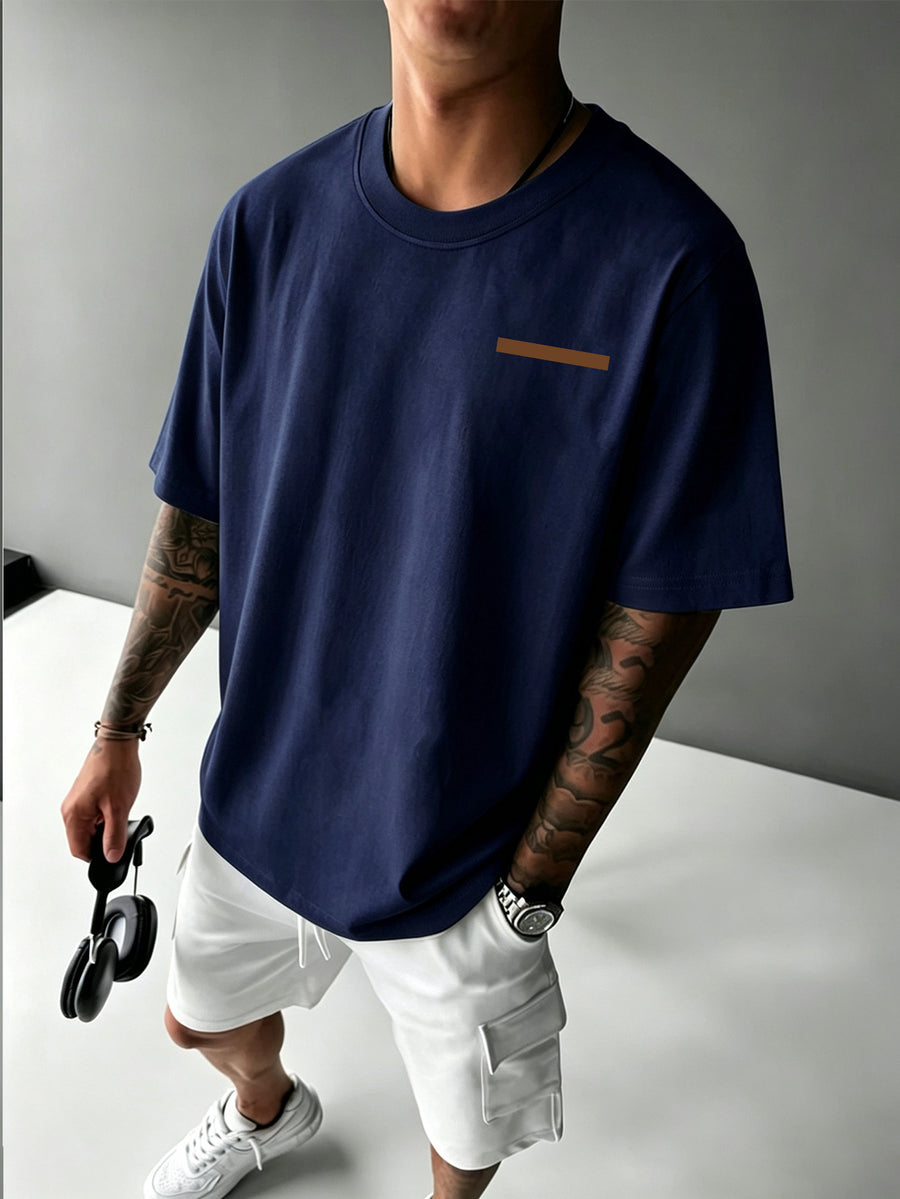 Men's Trendy Short-Sleeve T-Shirt with Minimalist Brown Long Strip Logo Print on the Chest, Crew Neck Top for Daily Wear - Navy Color