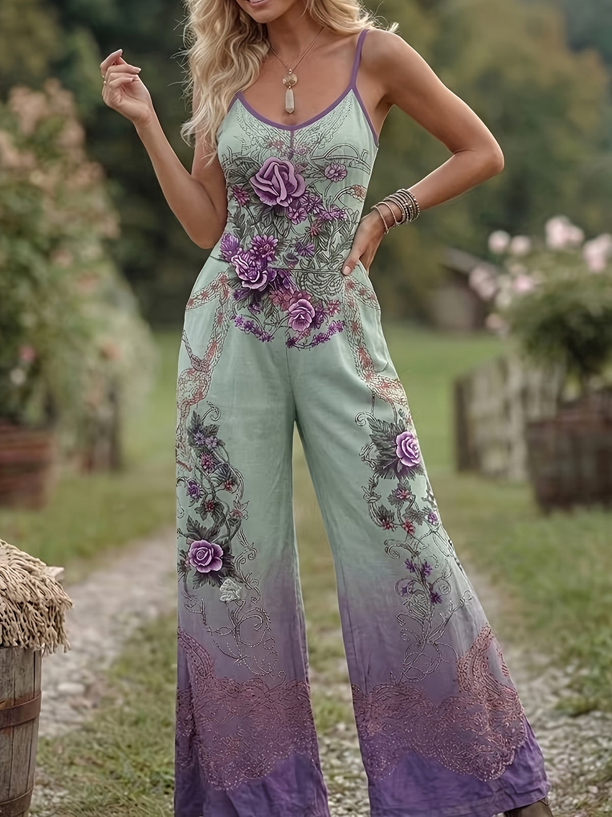 Spring Summer Low Neck Bohemian Floral Print Cami Bodycon Wide Leg Women'S Casual Vacation Jumpsuit JYDX - Multicolor